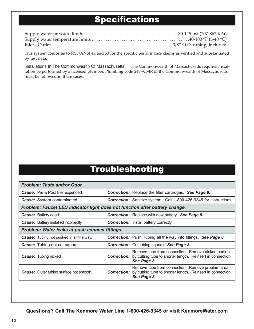 Kenmore 625.38501 manual Specifications, Troubleshooting 