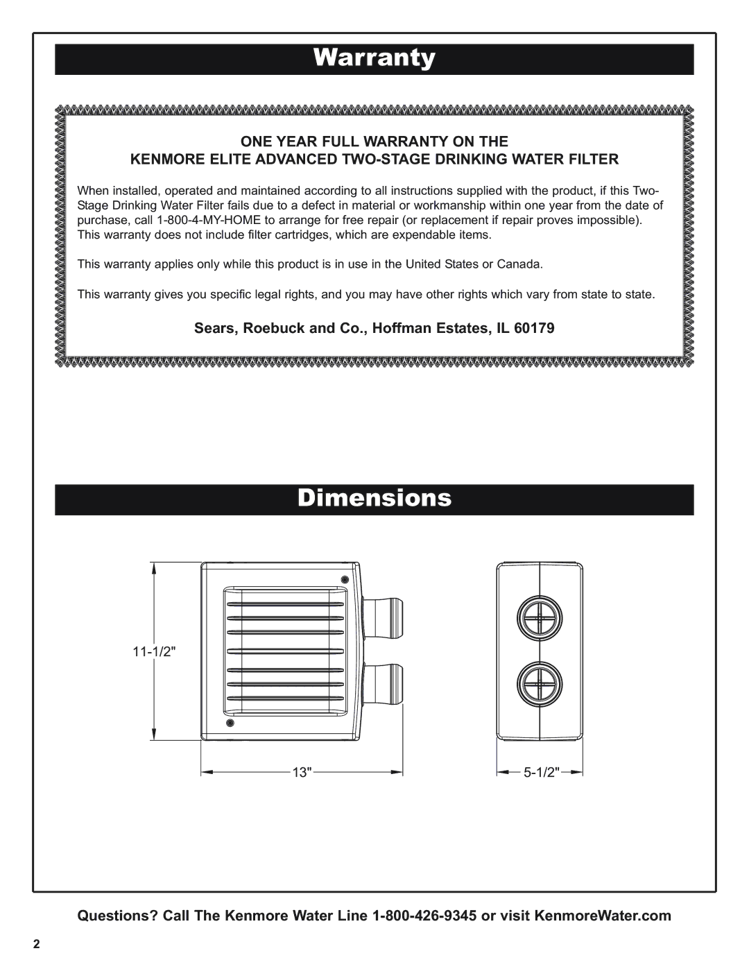 Kenmore 625.38501 manual Warranty, Dimensions 