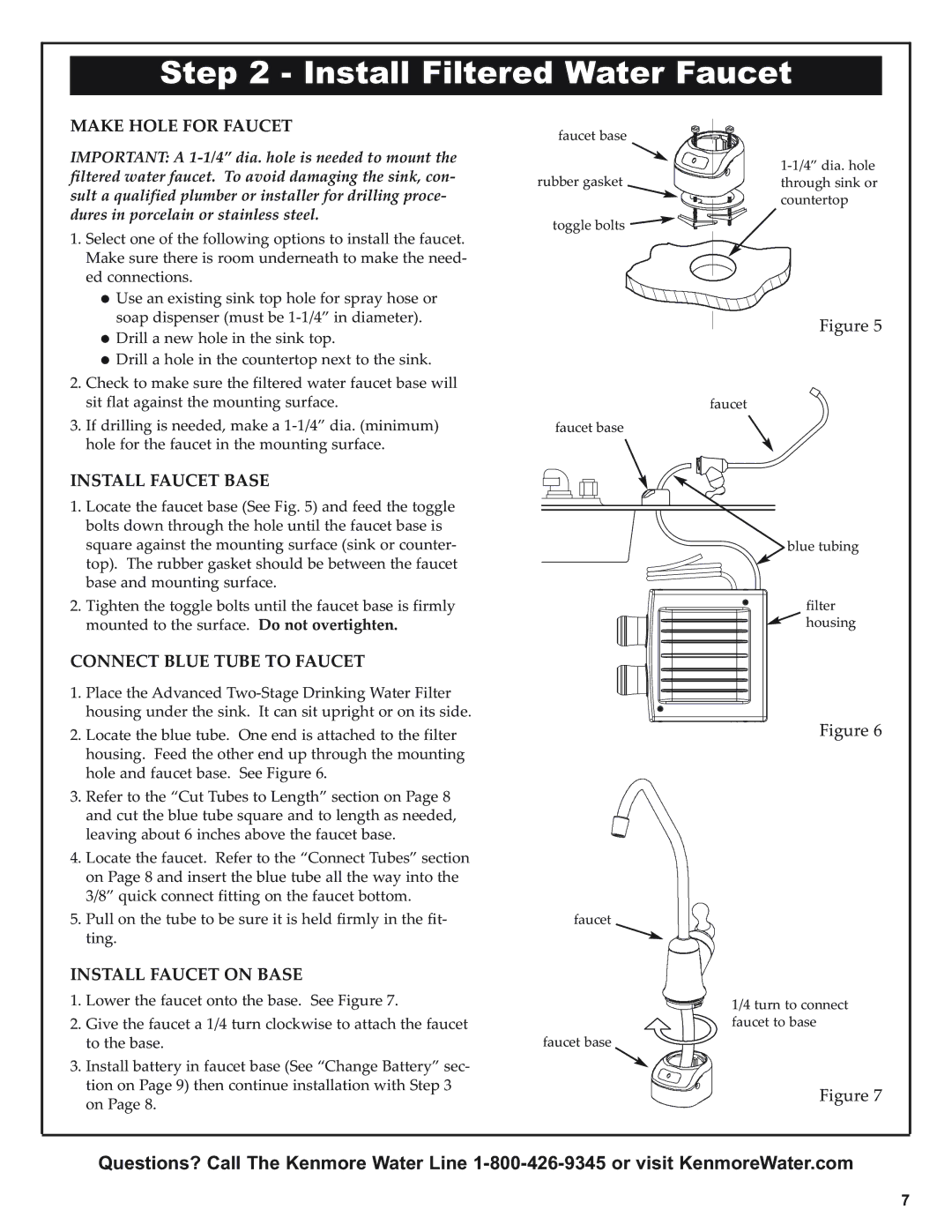 Kenmore 625.38501 Install Filtered Water Faucet, Make Hole for Faucet, Install Faucet Base, Connect Blue Tube to Faucet 