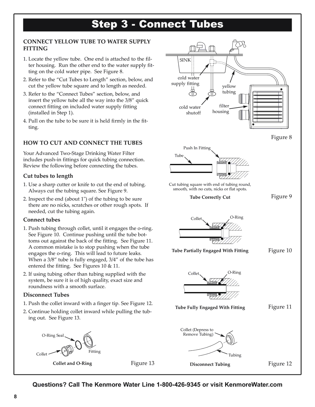 Kenmore 625.38501 manual Connect Tubes, Connect Yellow Tube to Water Supply Fitting, HOW to CUT and Connect the Tubes 