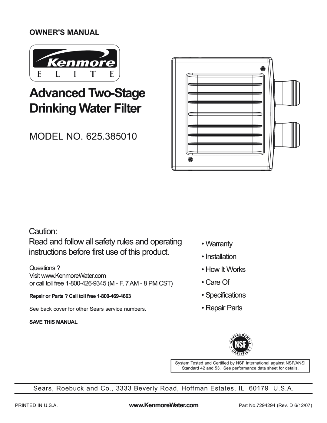 Kenmore 625.38501 manual E L I T E, Advanced Two-StageDrinking Water Filter, Model No 