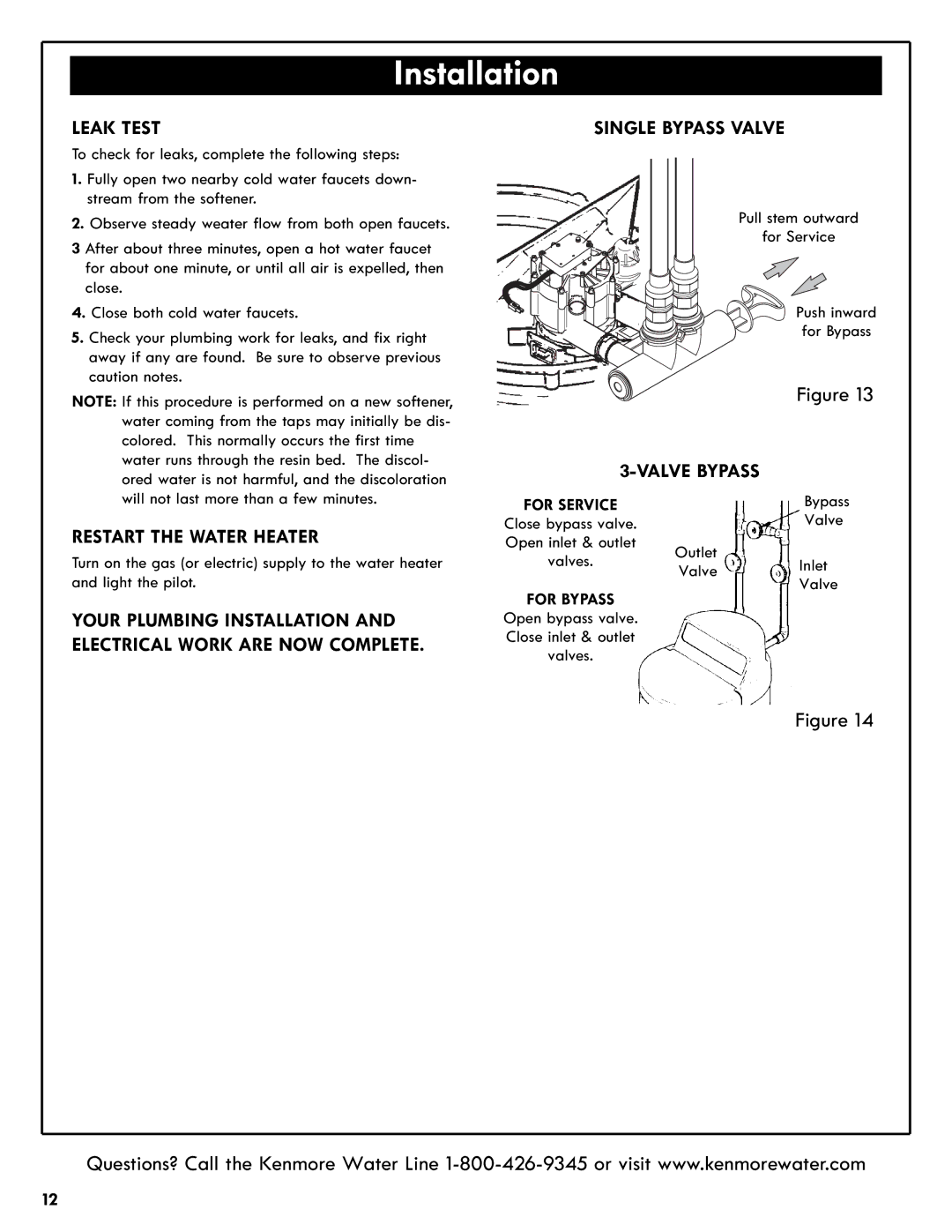 Kenmore 625.385200 manual Leak Test, Restart the Water Heater, Single Bypass Valve, Valve Bypass 