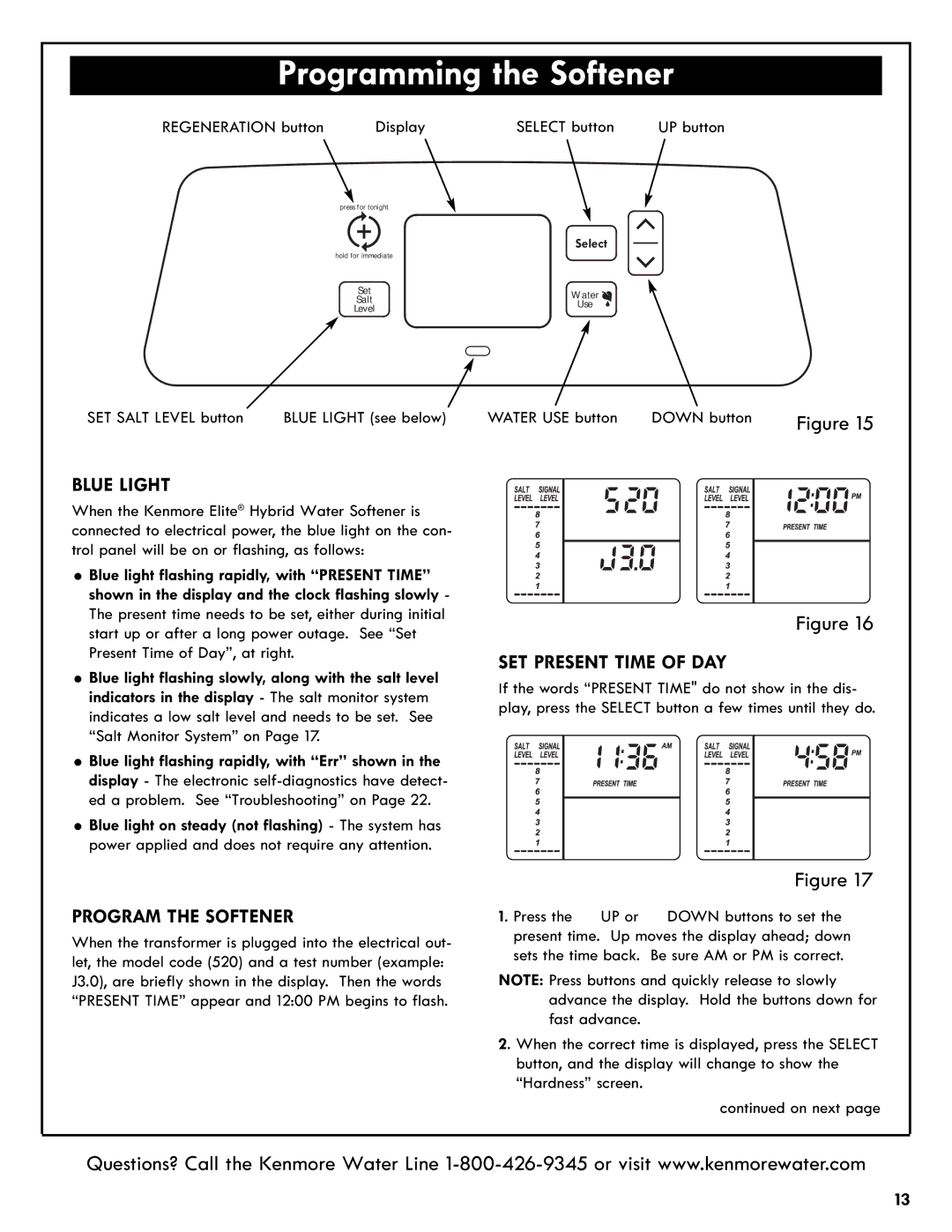 Kenmore 625.385200 manual Programming the Softener, Blue Light, Program the Softener, SET Present Time of DAY 