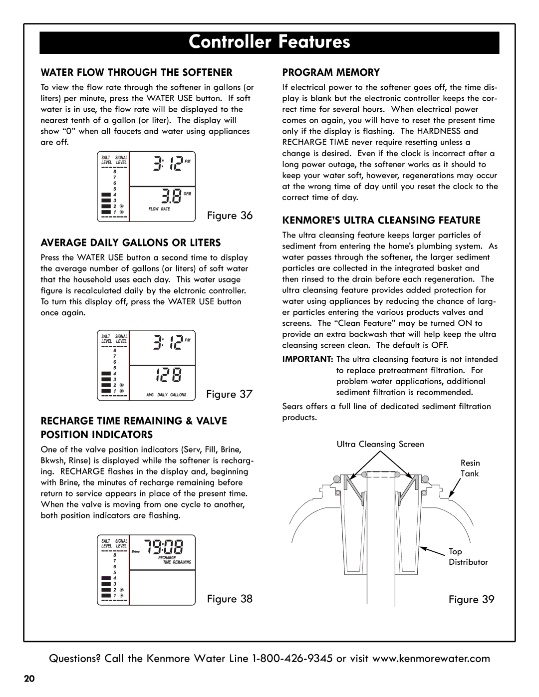 Kenmore 625.385200 Water Flow Through the Softener, Recharge Time Remaining & Valve Position Indicators, Program Memory 