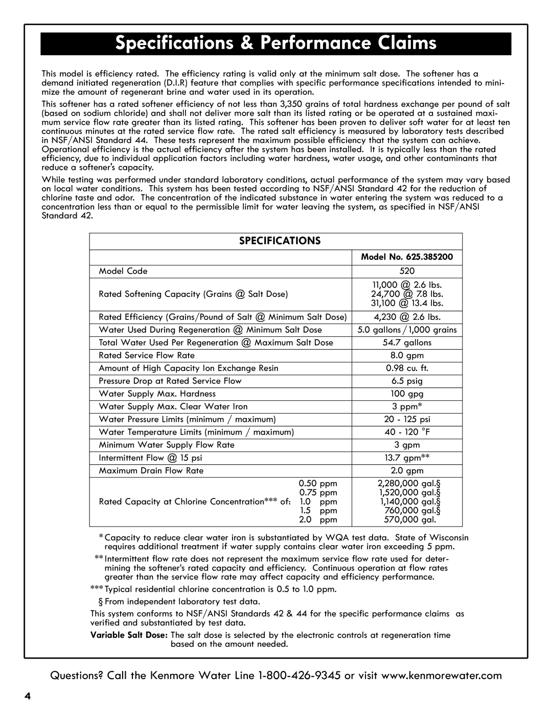 Kenmore 625.385200 manual Specifications & Performance Claims 