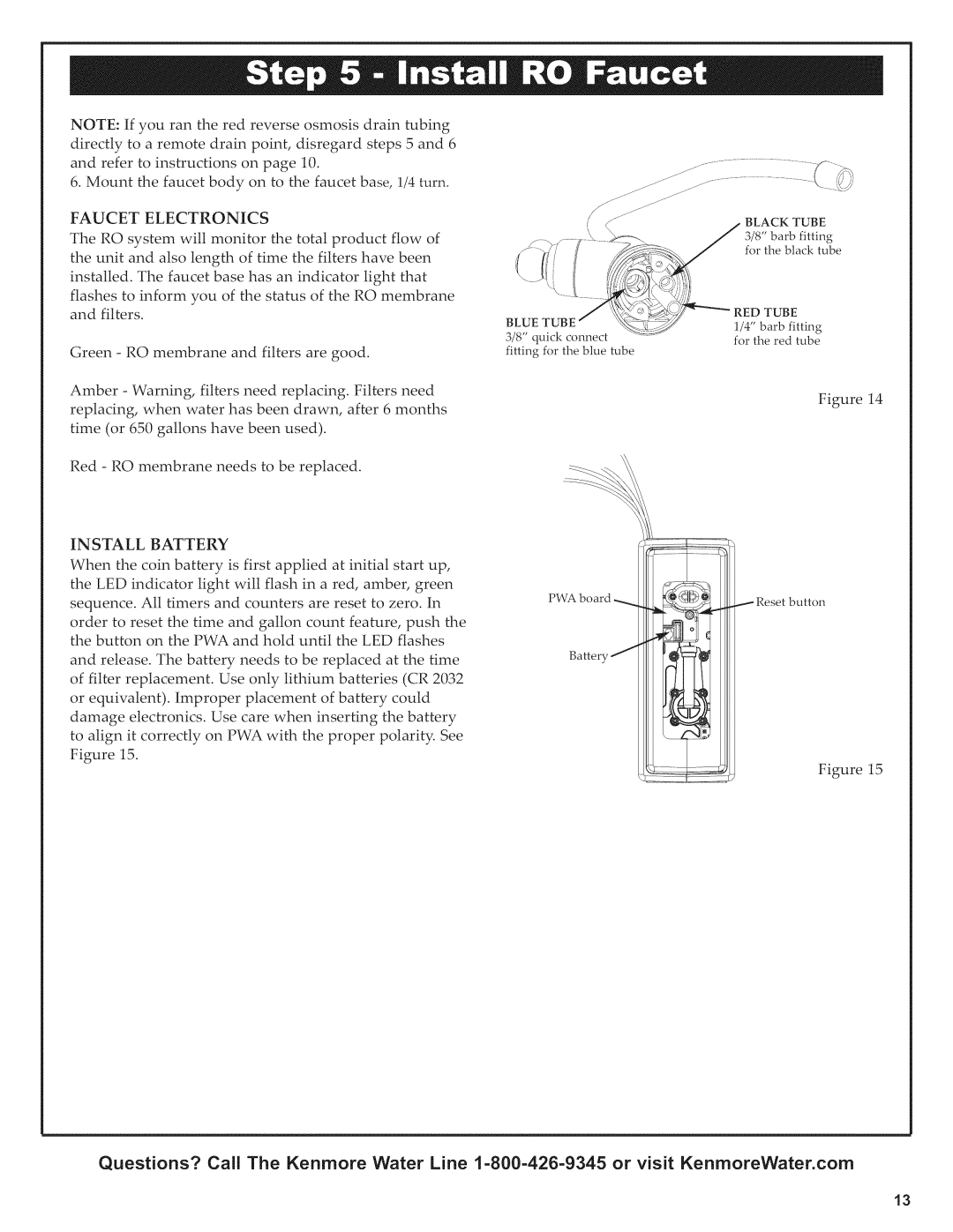 Kenmore 625.38556 owner manual Faucet Electronics, Install Battery 