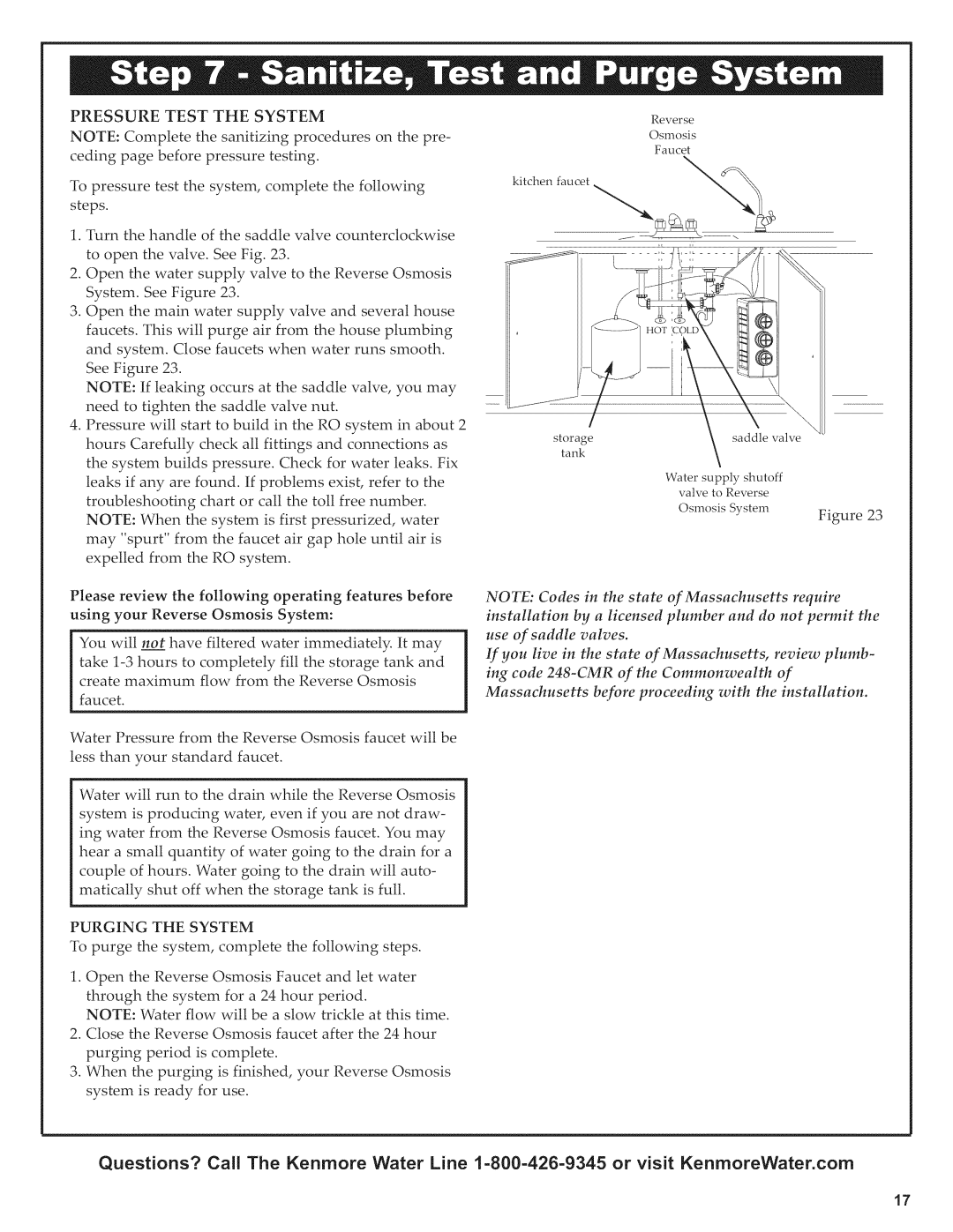 Kenmore 625.38556 owner manual Pressure Test the System, Purging the System 