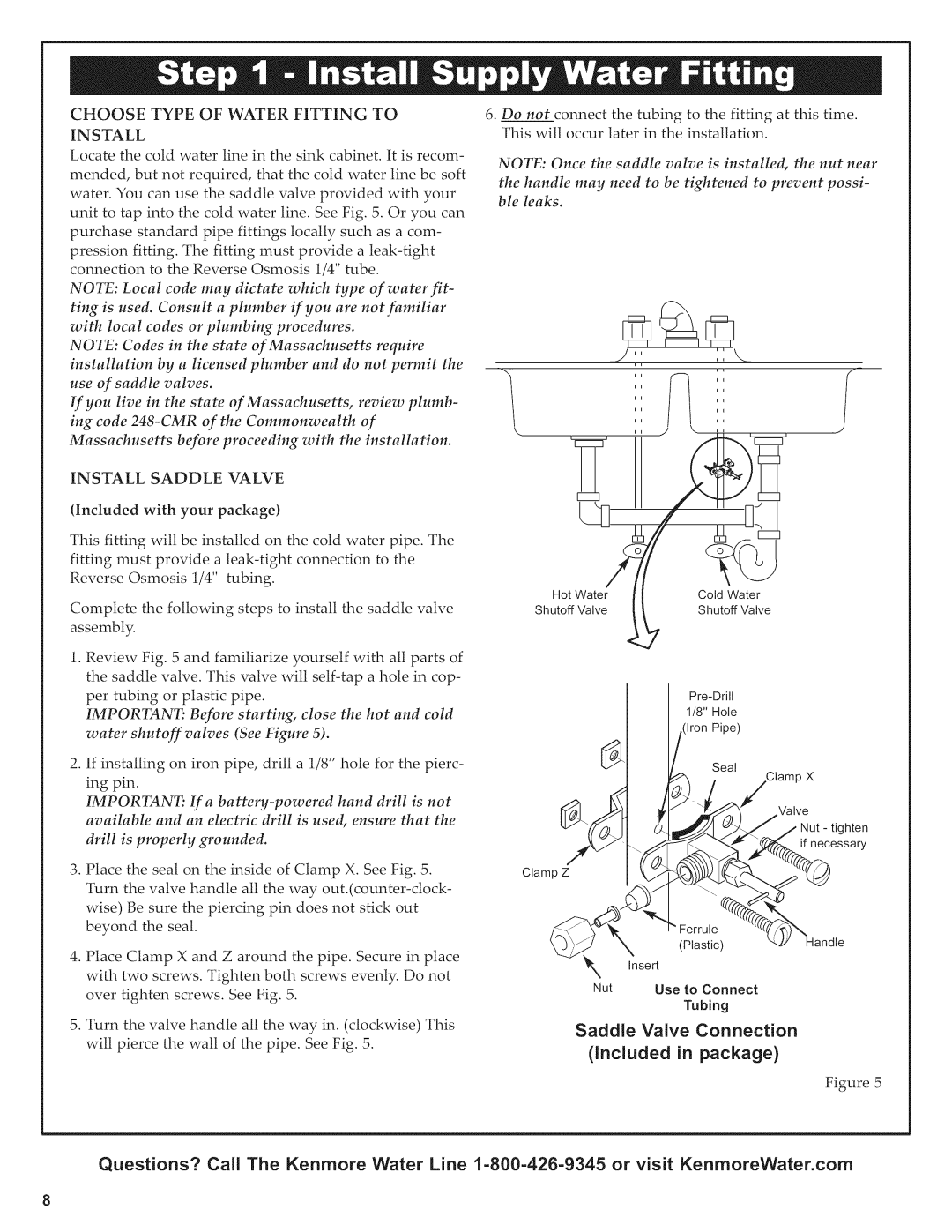 Kenmore 625.38556 owner manual Choose Type of Water Fitting to Install, Install Saddle Valve 