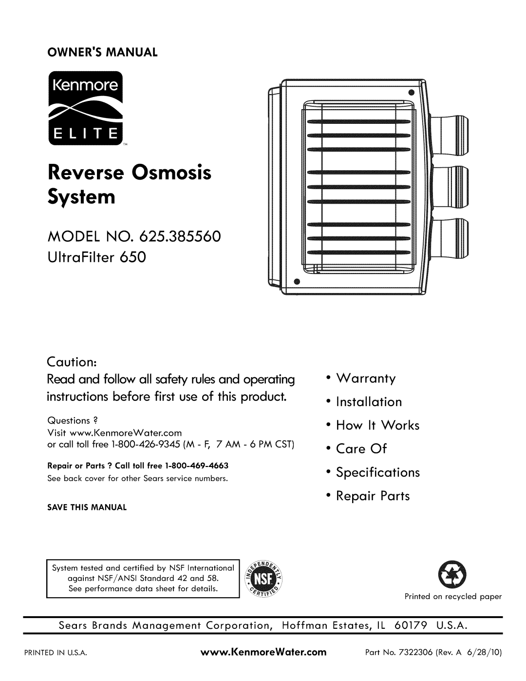 Kenmore 625.38556 owner manual Reverse Osmosis System, Save this Manual 