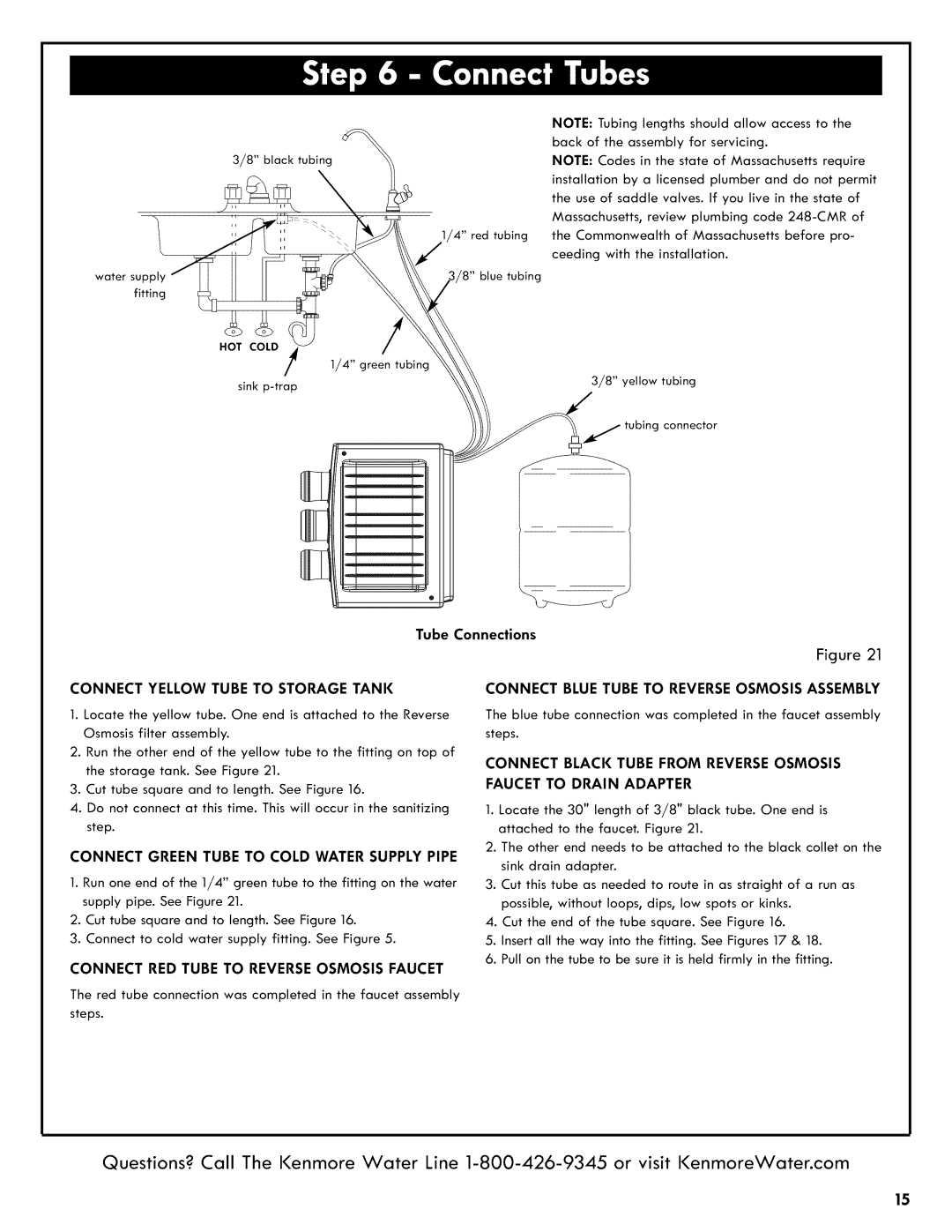 Kenmore 625.38556 owner manual Connect Bluetube to Reverseosmosis Assembly, Connect Yellow Tube to Storage Tank 