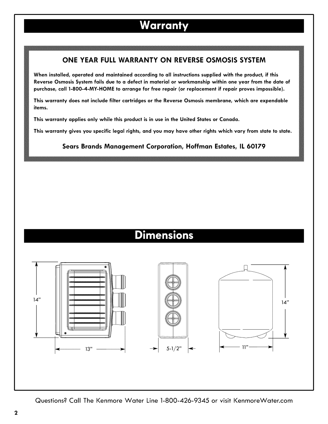 Kenmore 625.38556 owner manual ONE Year Full Warranty on Reverse Osmosis System 