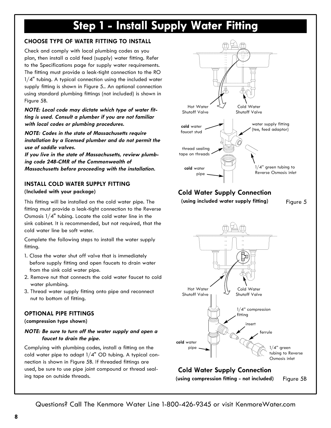 Kenmore 625.38556 Choose Type of Water Fitting to Install, Install Cold Water Supply Fitting, Optional Pipe Fittings 