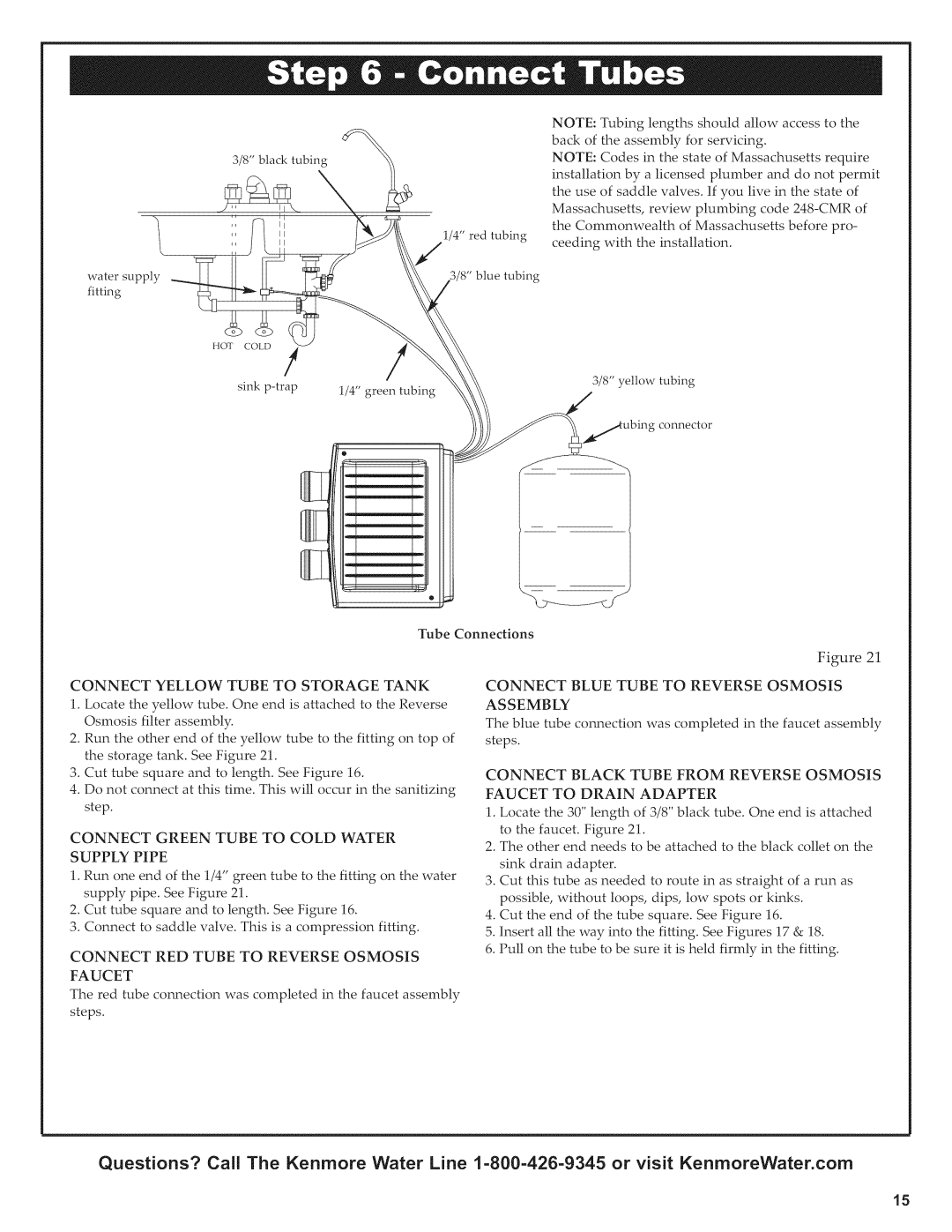 Kenmore 625.38556 owner manual Connect RED Tube to Reverse Osmosis Faucet, Connect Blue Tube to Reverse Osmosis Assembly 