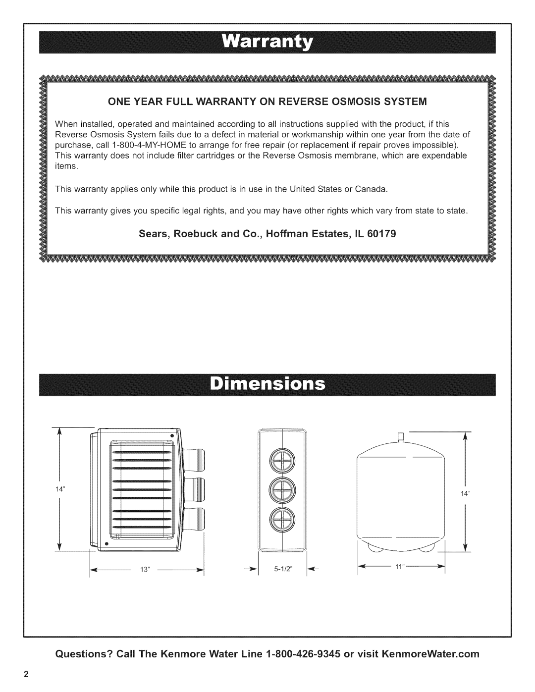 Kenmore 625.38556 owner manual ONE Year Full Warranty on Reverse Osmosis System 