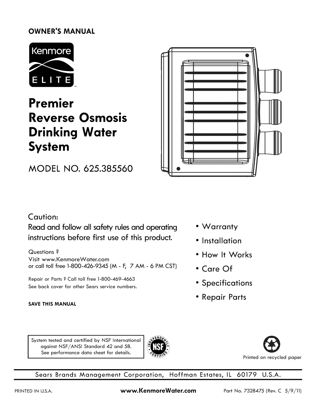 Kenmore 625.38556 owner manual Premier Reverse Osmosis Drinking Water System, Save this Manual 