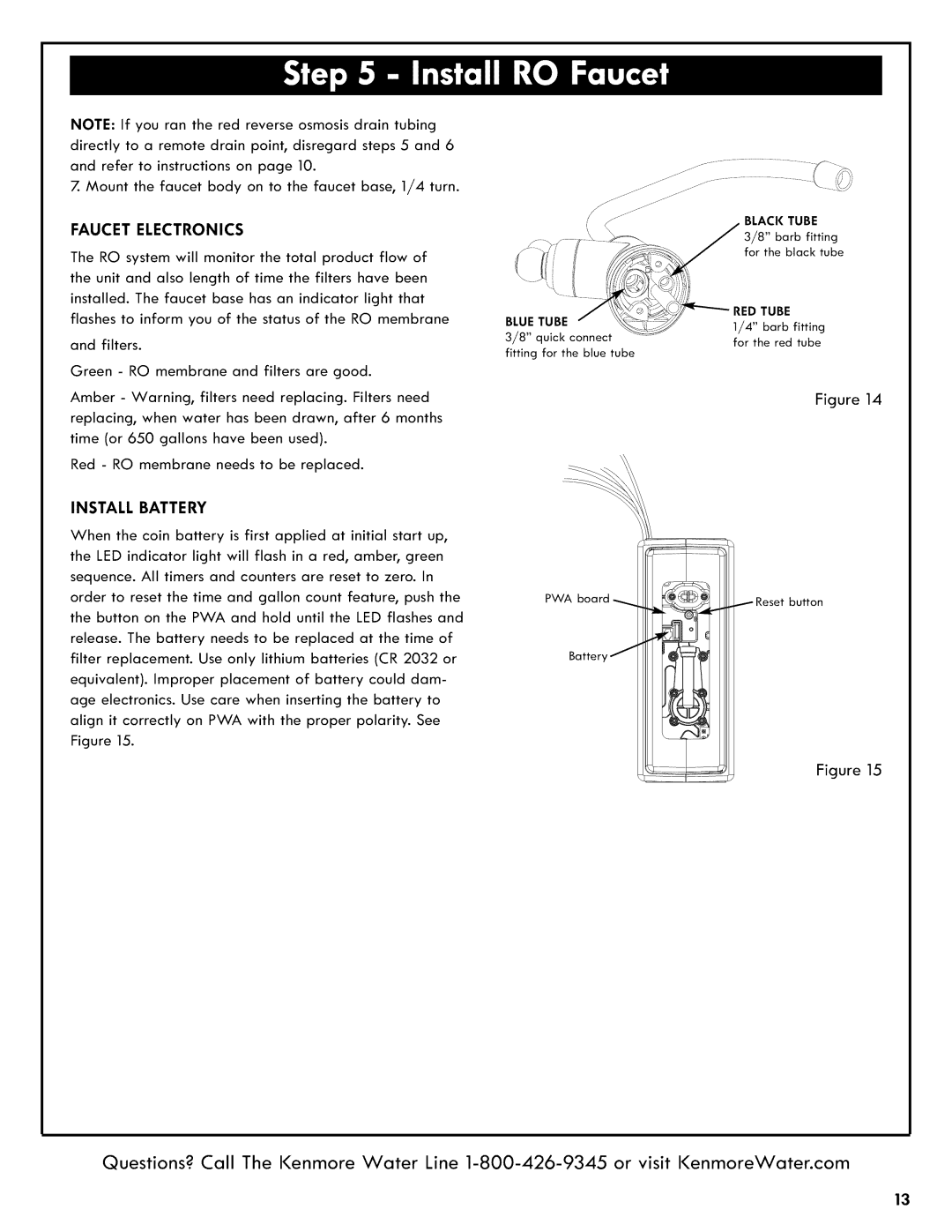 Kenmore 625.38556 owner manual Faucet Electronics, Install Battery 