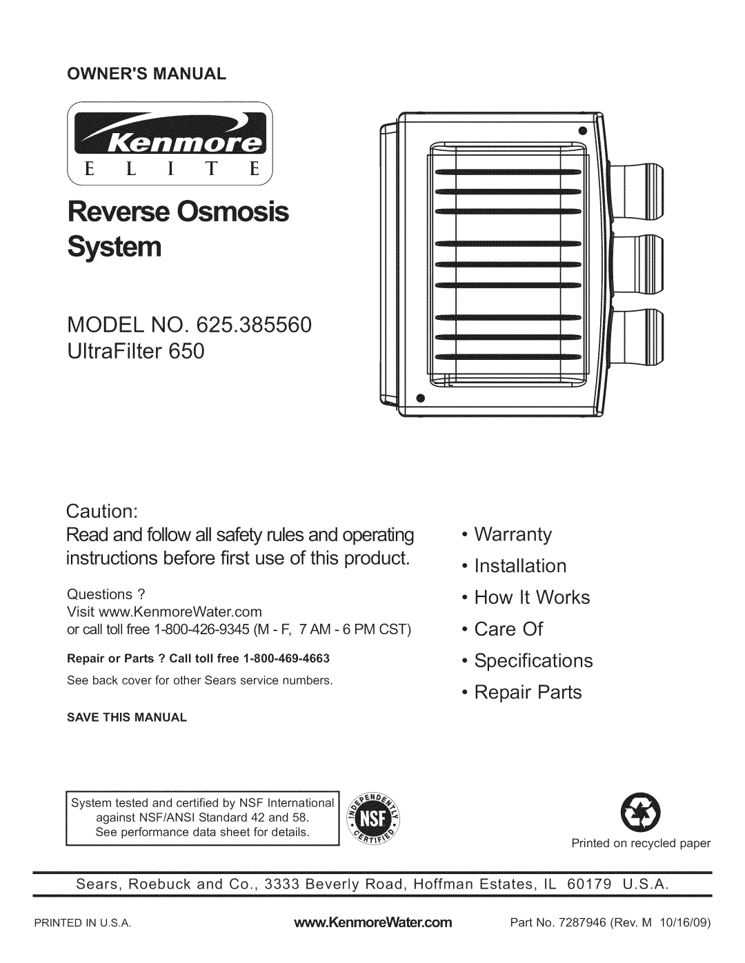 Kenmore 625.38556 owner manual Z D, System, Reverse Osmosis, MODEL NO UltraFilter, E L I T, Repair Parts, Save This Manual 