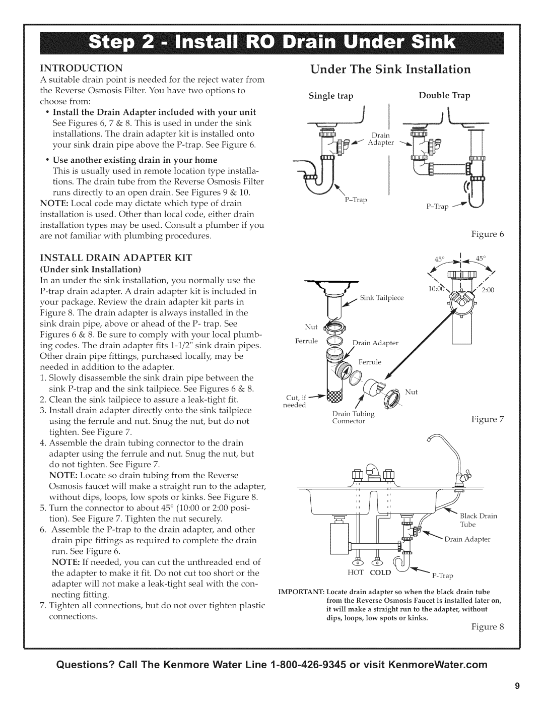 Kenmore 625.38556 owner manual Dran, Under The Sink Installation 
