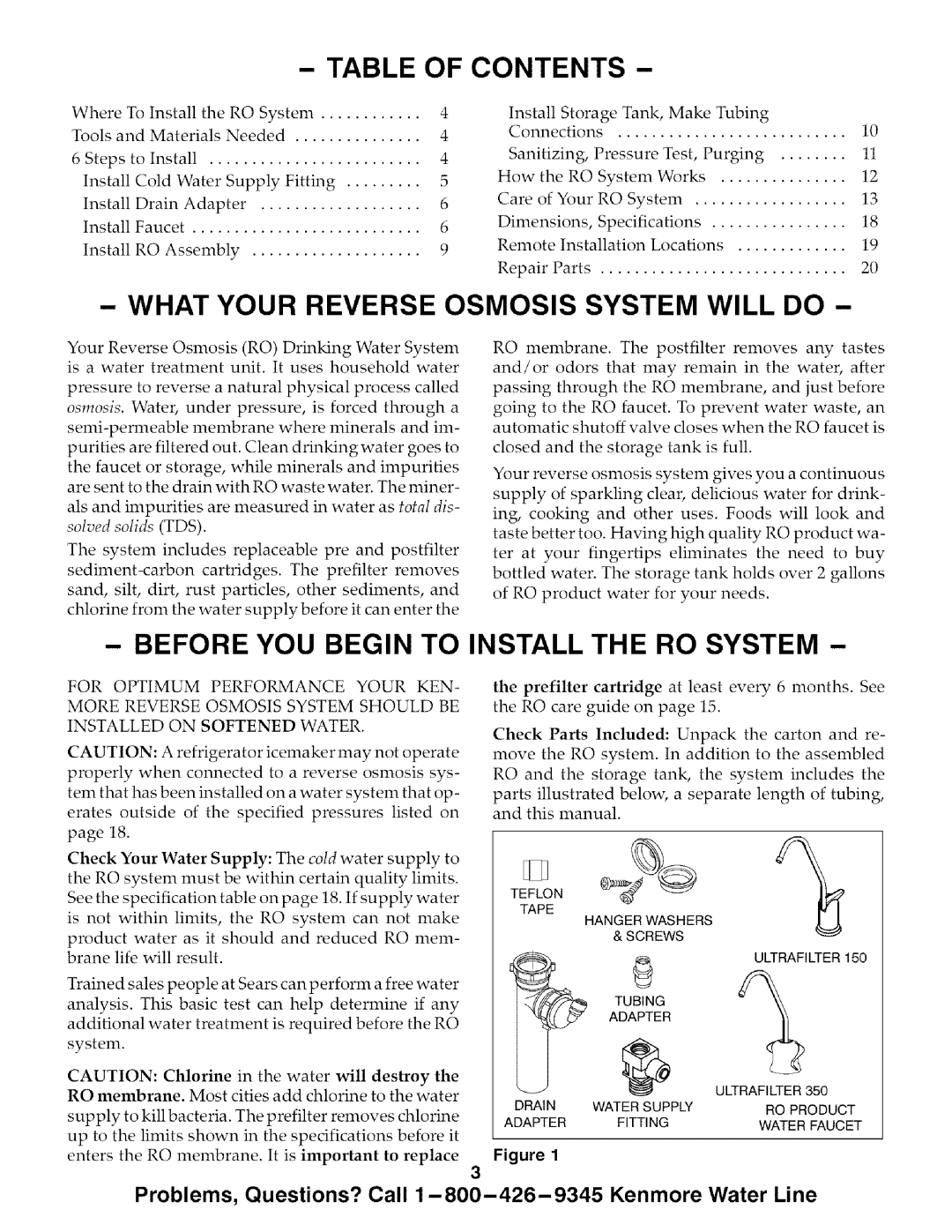 Kenmore 625.385720 Table of Contents, What Your Reverse Osmosis System will do, Before YOU Begin to Install the RO System 