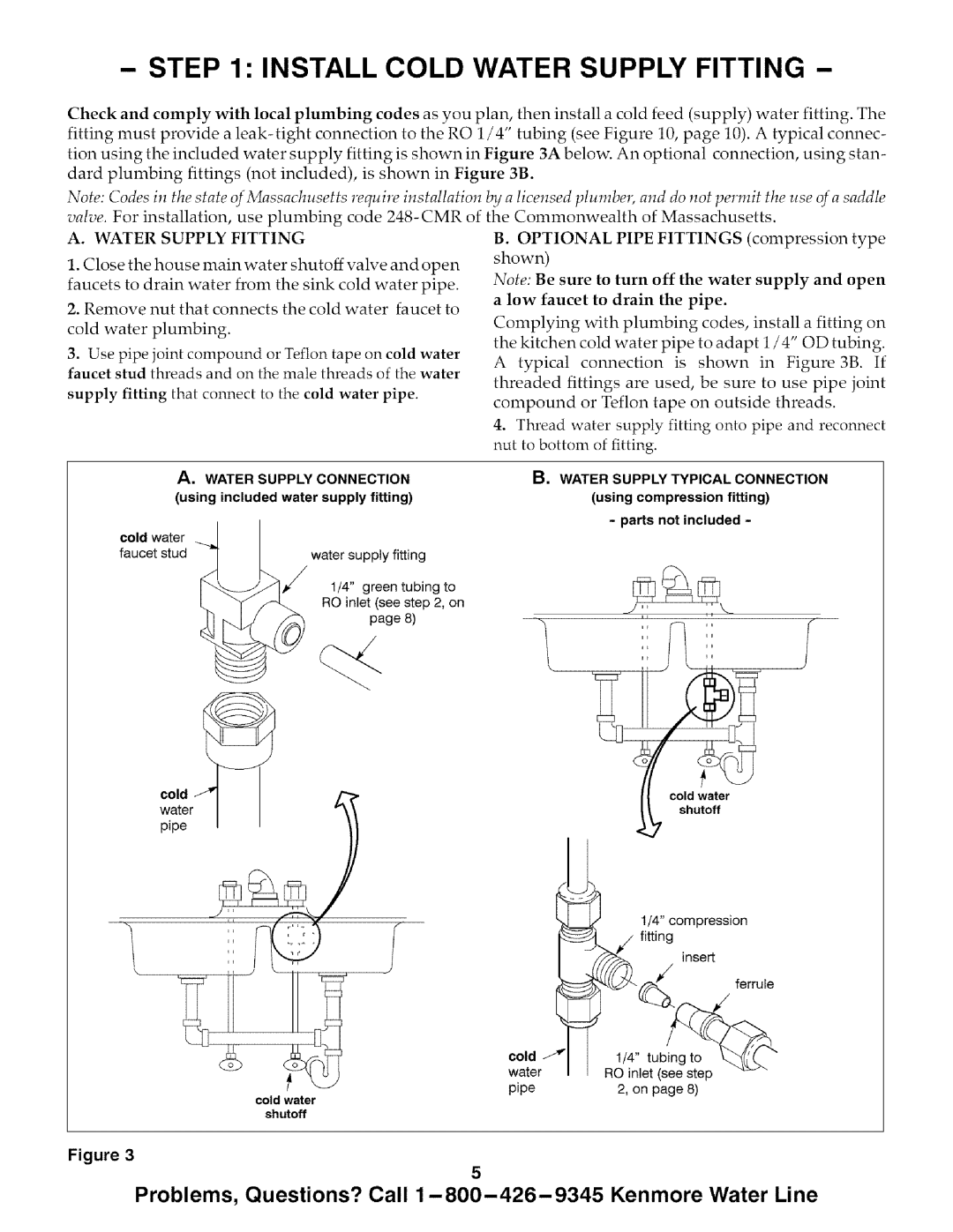 Kenmore 625.385720 Install Cold Water Supply Fitting, Check Comply, Codes as, Water Supply Fitting Optional Pipe Fittings 