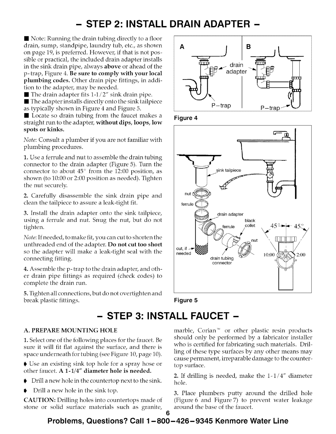 Kenmore 625.385700, 625.385720 owner manual Install Drain Adapter, Install Faucet, Prepare Mounting Hole 