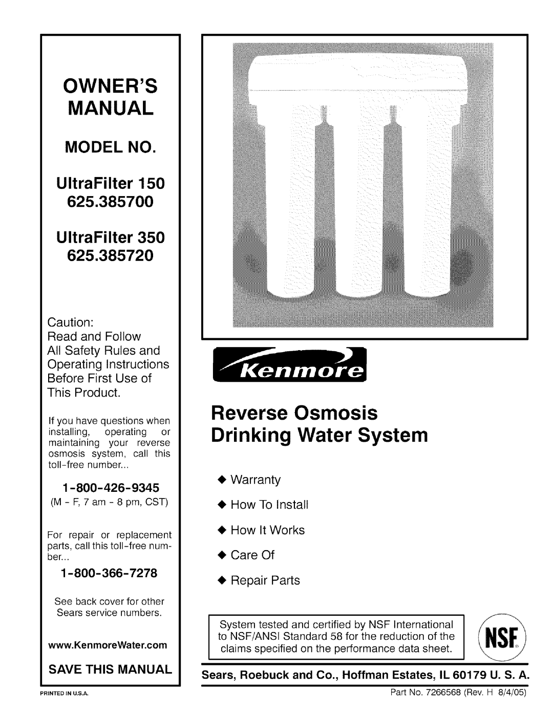 Kenmore 625.385720 owner manual Reverse Osmosis Drinking Water System, MODEL NO UltraFilter 150 UltraFilter, This Product 