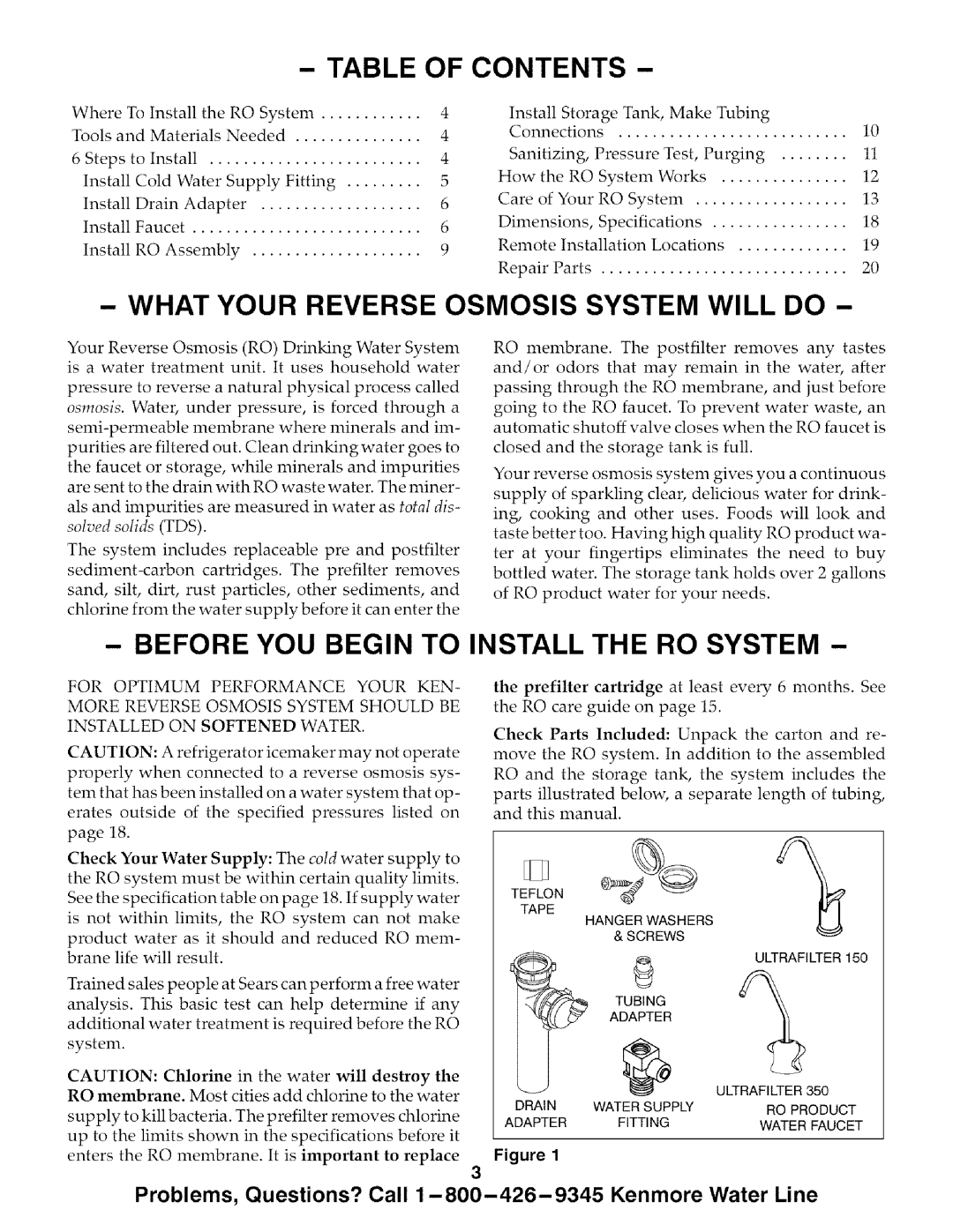 Kenmore 625.385720 Table Of Contents, What Your Reverse Osmosis System Will Do, Before You Begin To Install The Ro System 