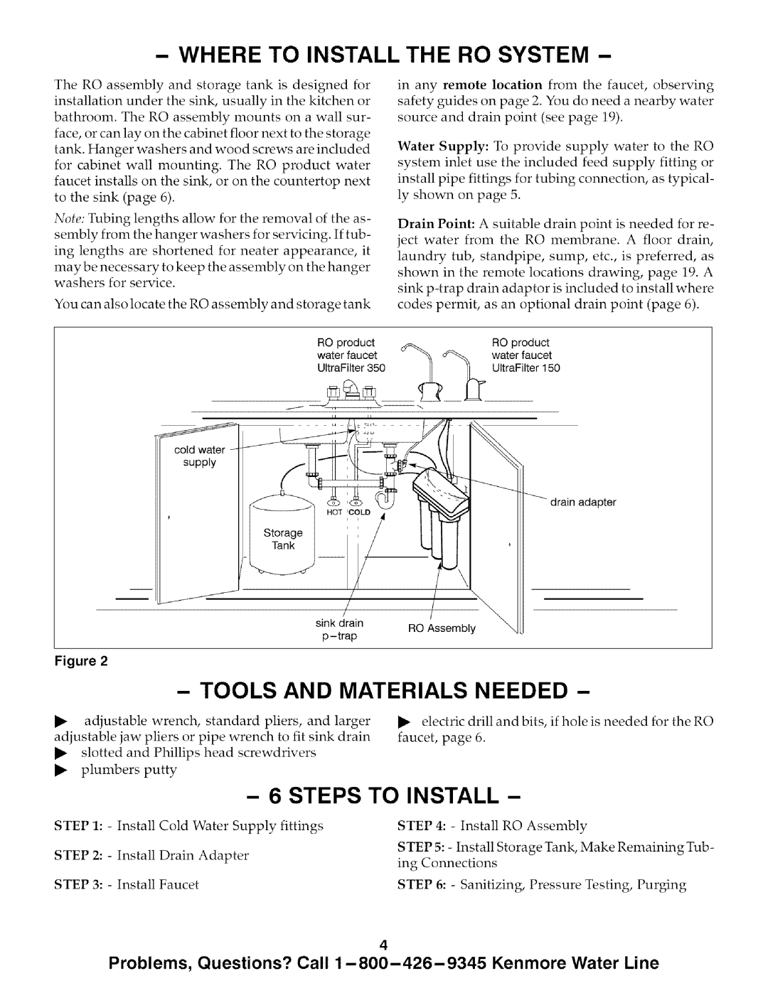Kenmore 625.385700 Where To Install The Ro System, Tools And Materials Needed, Steps To Install, ing Connections 