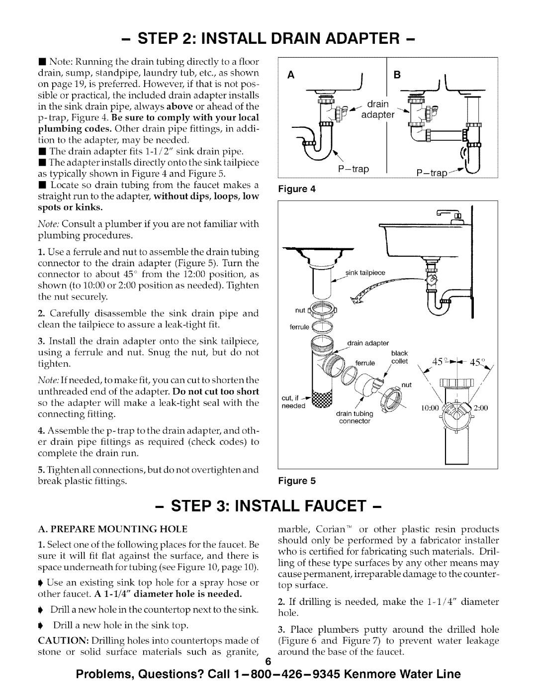 Kenmore 625.385700, 625.385720 owner manual Install Drain Adapter, Install Faucet, A. Prepare Mounting Hole 