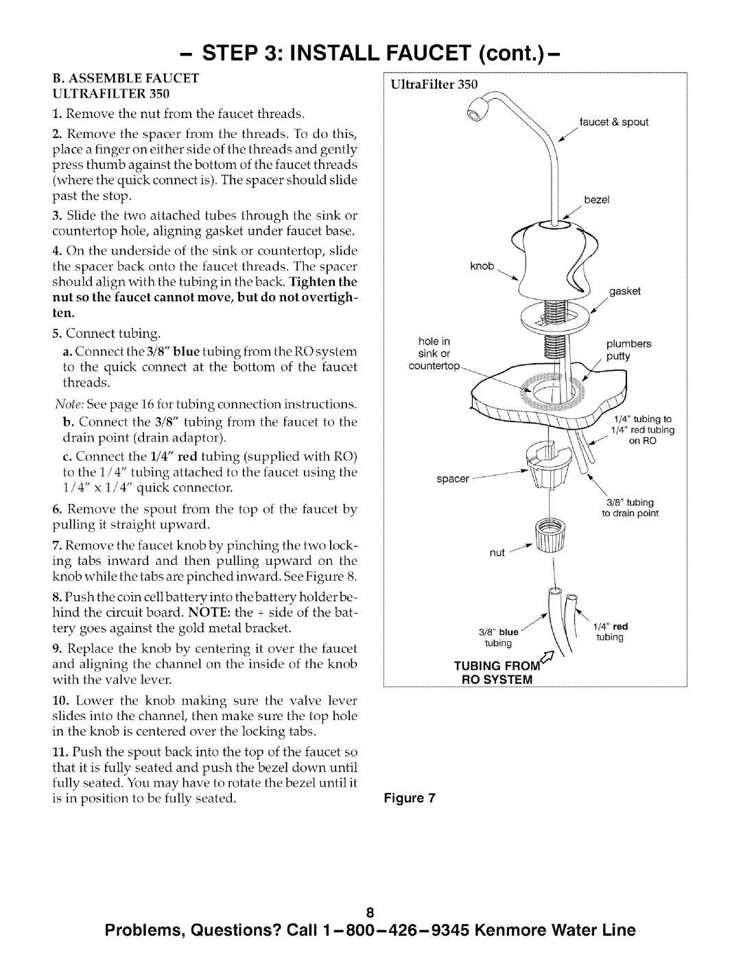 Kenmore 625.385700, 625.385720 owner manual Install, FAUCET cont, TUBING RO SYSTEM Figure 