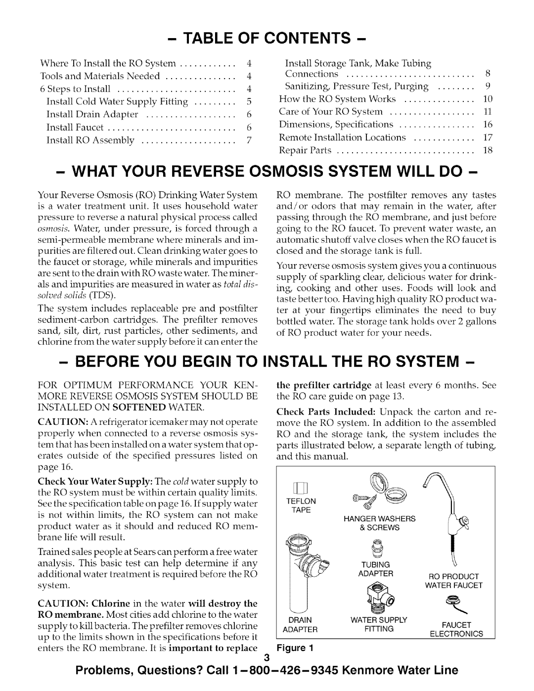 Kenmore 625.38575 Table of Contents, What Your Reverse Osmosis System will do, Before YOU Begin to Install the RO System 