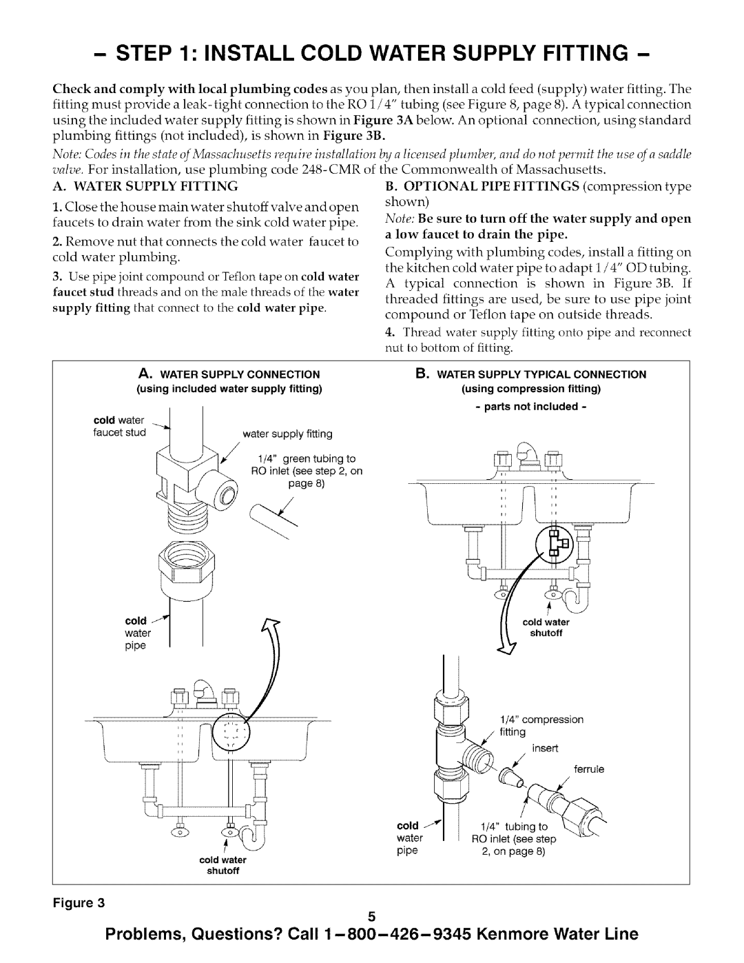 Kenmore 625.38575 owner manual Install Cold Water Supply Fitting, Water Supply Fitting Optional Pipe Fittings 