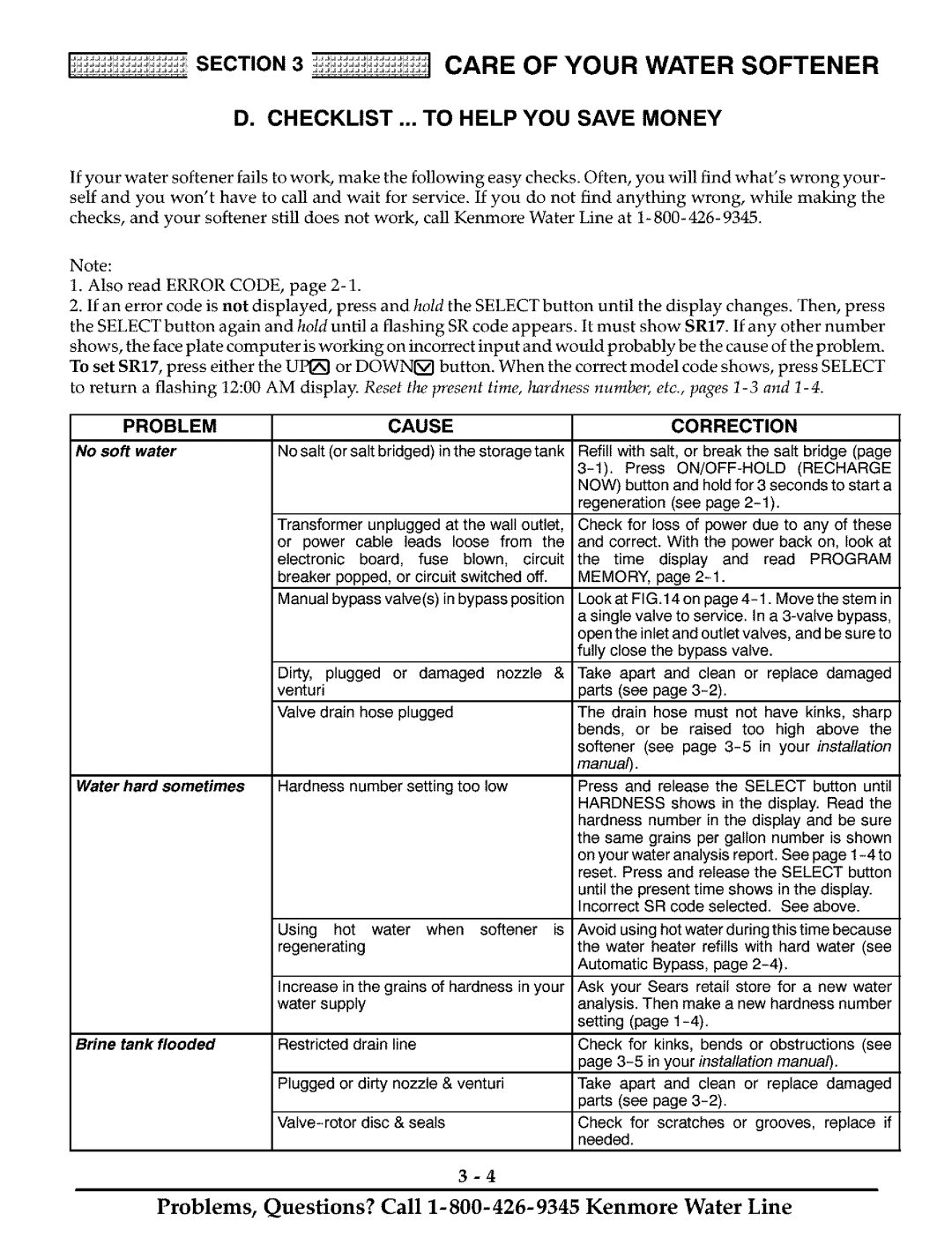 Kenmore 625.38811 owner manual Checklist ... to Help YOU Save Money, Problem Cause Correction, Power back, Plugged 