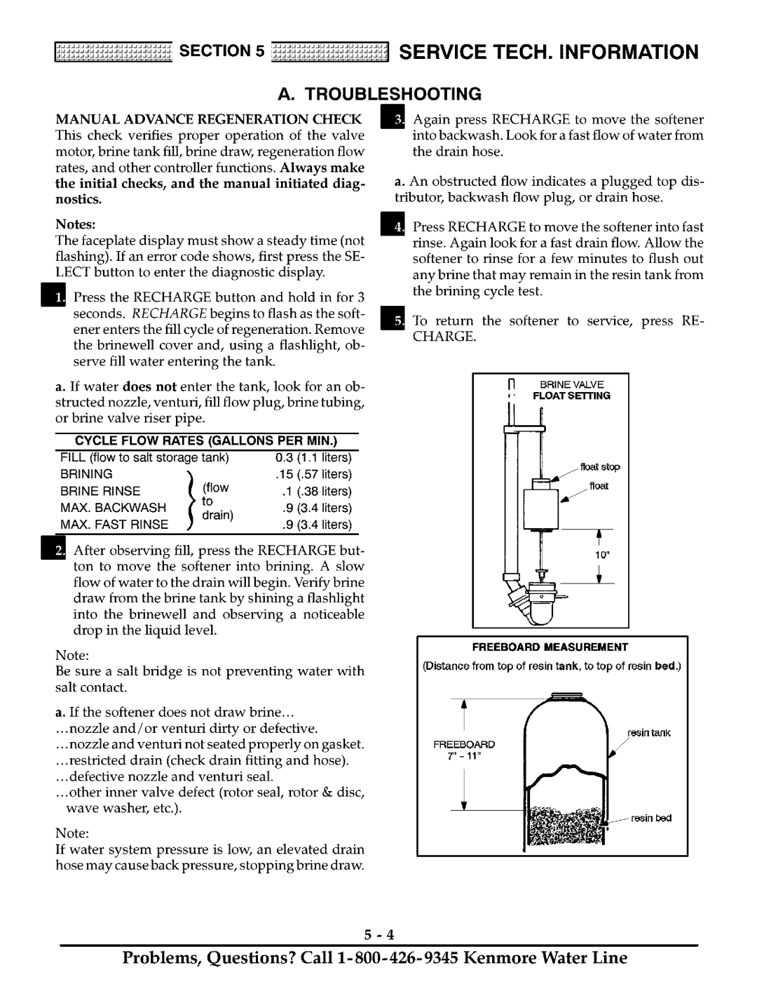 Kenmore 625.38811 owner manual Manual Advance Regeneration Check, Nostics, Cycle Flow Rates Gallons PER MIN, Charge 