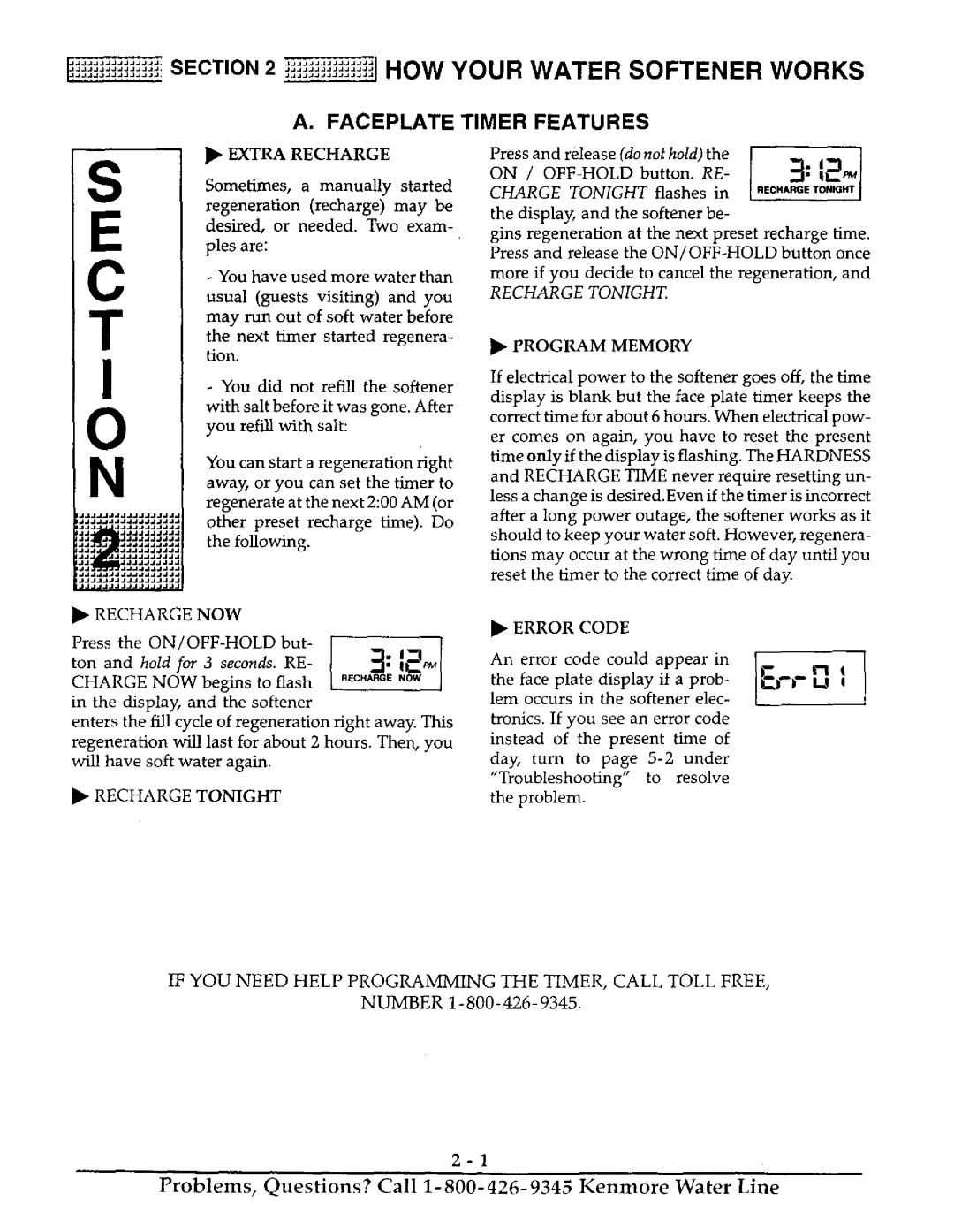 Kenmore 625.38815, 625.38816 owner manual Faceplate Timer Features, Extra Recharge, Now, Program Memory, Error Code 