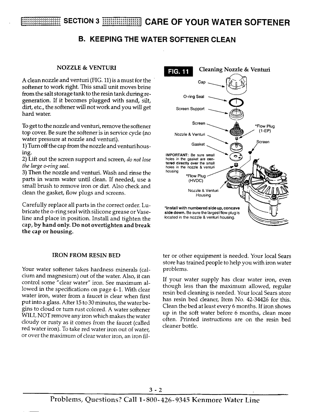 Kenmore 625.38816, 625.38815 Keeping the Water Softener Clean, Iron from Resin BED, Cleaning Nozzle & Venturi, Cap 