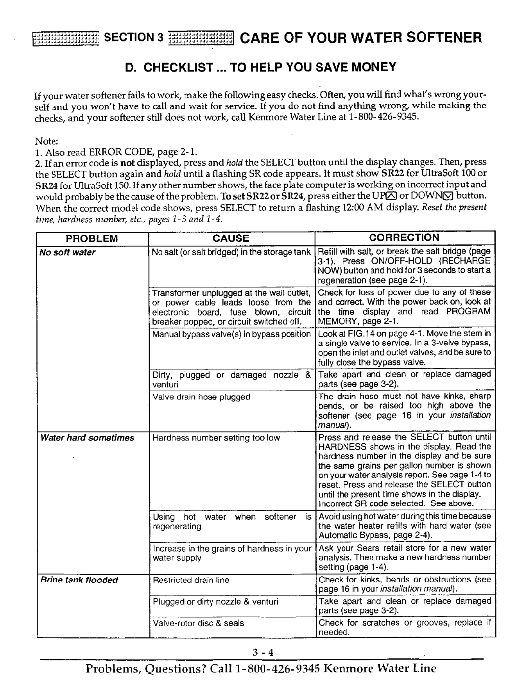 Kenmore 625.38816, 625.38815 Care of Your Water Softener, Checklist ... to Help YOU Save Money, Problem Cause Correction 