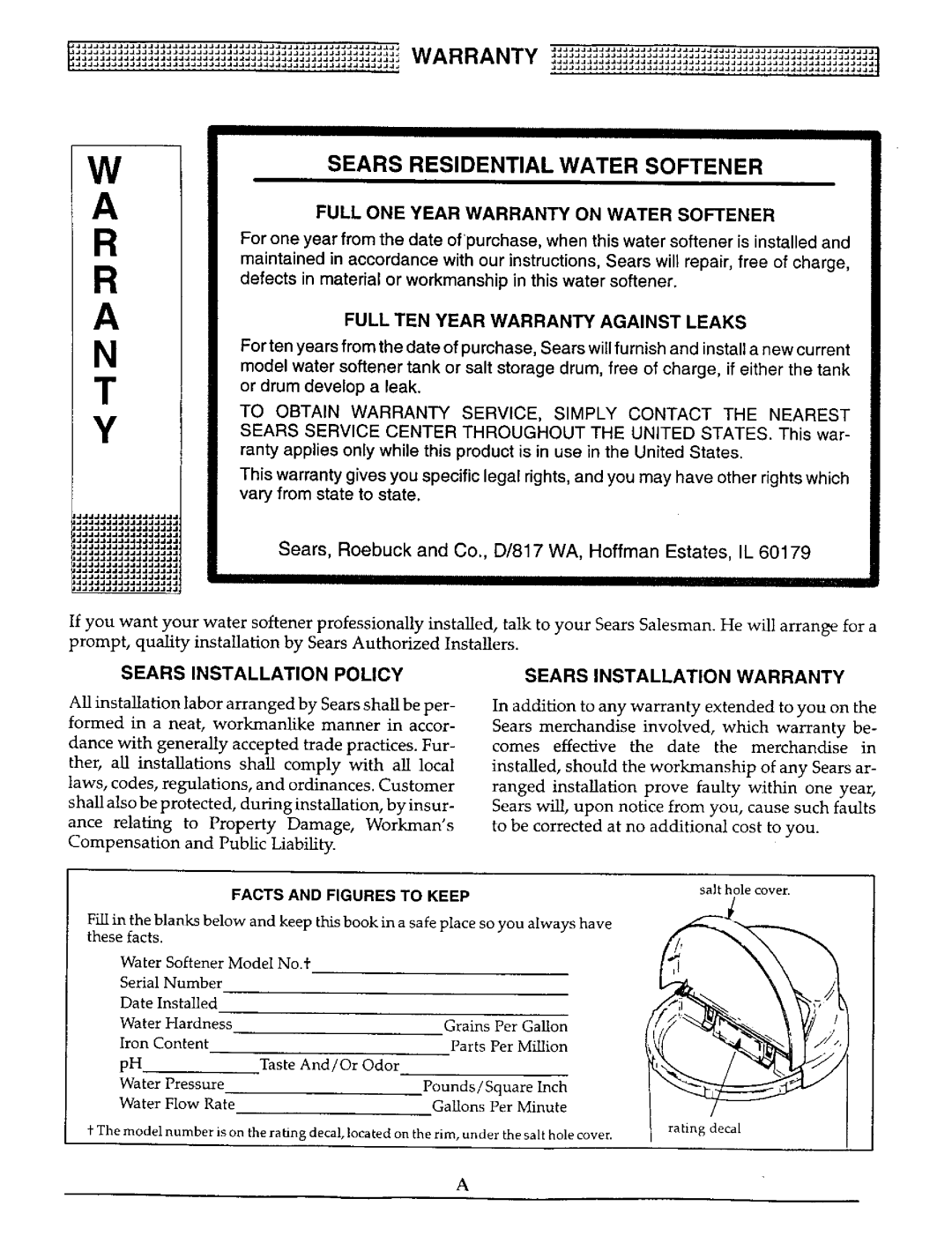 Kenmore 625.38815, 625.38816 owner manual Sears Residential Water Softener, Facts and Figures to Keep 