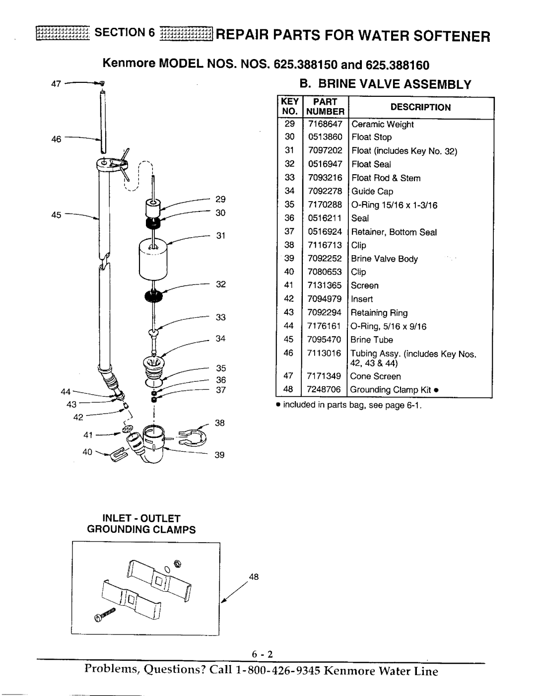 Kenmore 625.38816, 625.38815 1REPAIR Parts for Water Softener, Brine Valve Assembly, Inlet Outlet Grounding Clamps 