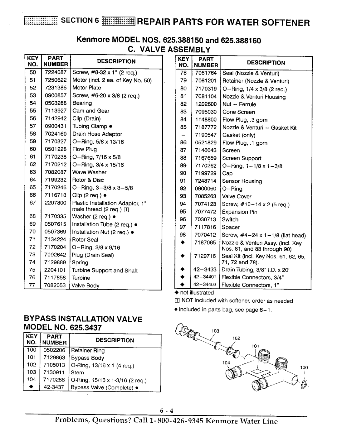 Kenmore 625.38816, 625.38815 Repair Parts for Water Softener, Valve Assembly, KEY Part NO. Number, 7187065 7129716 