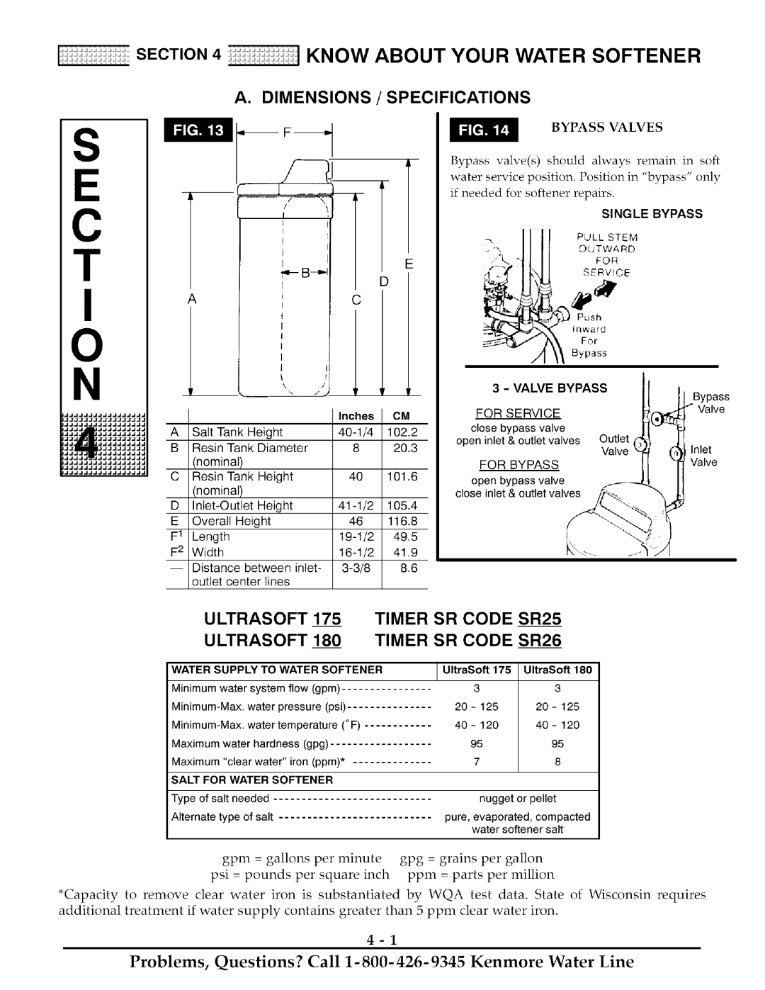 Kenmore 625.38817, 625.38818 owner manual About Your Water Softener, Ultrasoft, Dimensions, Specifications, Single Bypass 