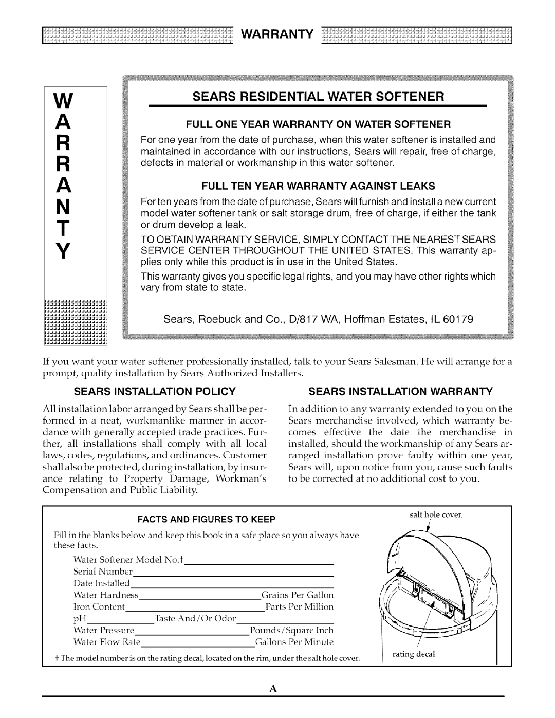 Kenmore 625.38817, 625.38818 owner manual Sears Residential Water Softener, Sears Installation Policy Warranty 