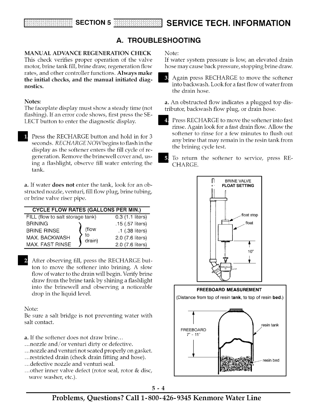 Kenmore 625.38818 Manual Advance Regeneration Check, Cycle Flow Rates Gallons PER MIN, Fill flow to salt storage Tank 