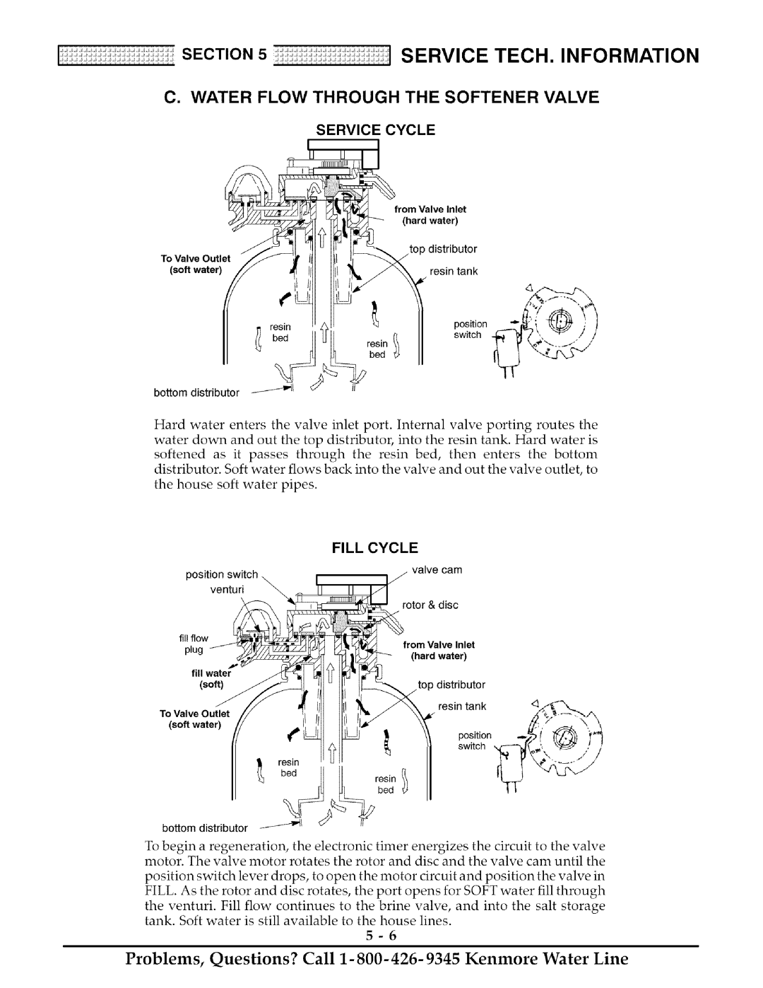 Kenmore 625.38818, 625.38817 Water Flow Through the Softener Valve, Service Cycle, Fill Cycle, Bottom distributor 