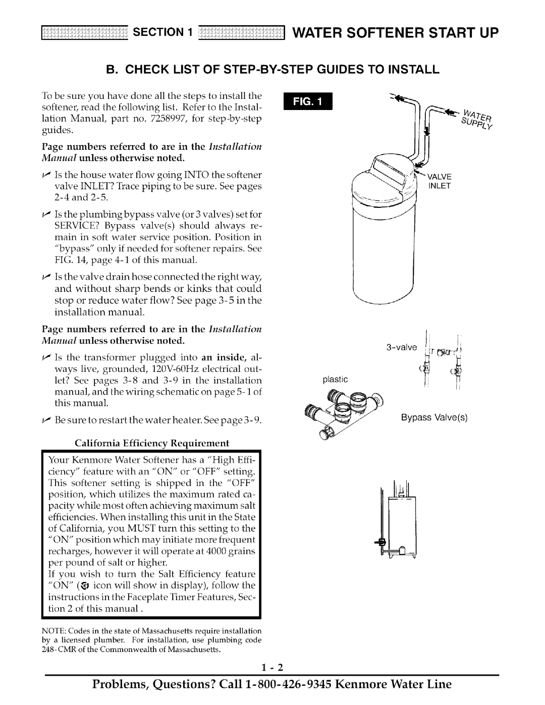 Kenmore 625.38818 Check List of STEP-BY-STEP, Guides to Install, California Efficiency Requirement, Plastic Bypass Valves 