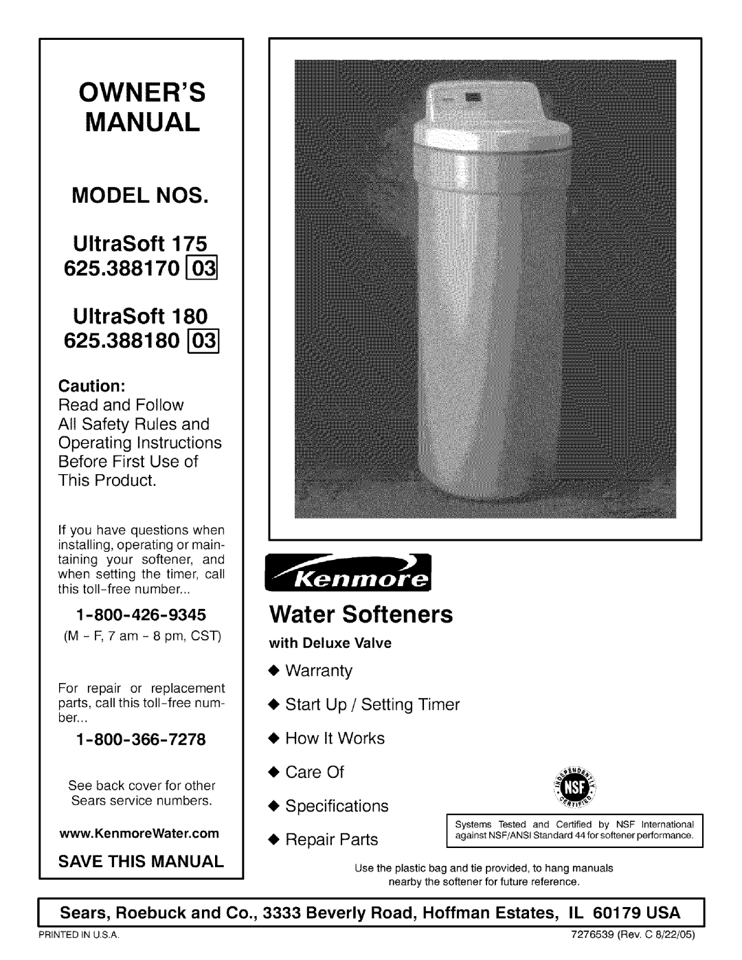 Kenmore owner manual Water Softeners, Model Nos, UltraSoft, 625.388170, 625.388180, Save This Manual, Owners Manual 