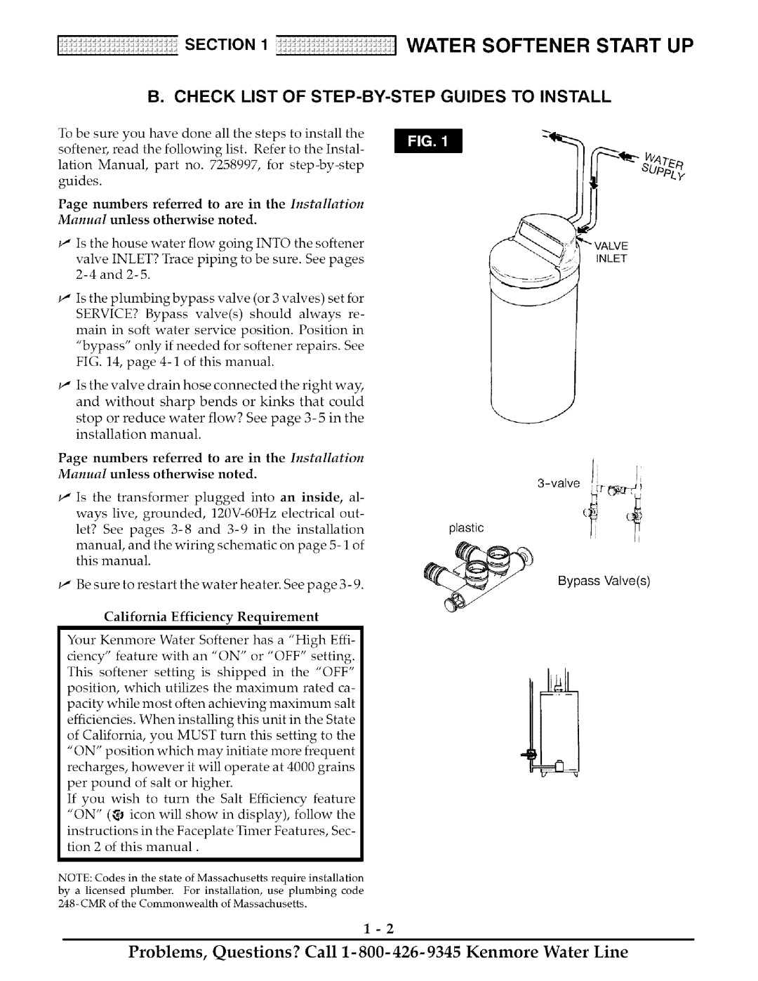 Kenmore 625.38818, 625.38817 owner manual Water Softener Start Up, Section, B. Check List Of Step-By-Step, Guides To Install 