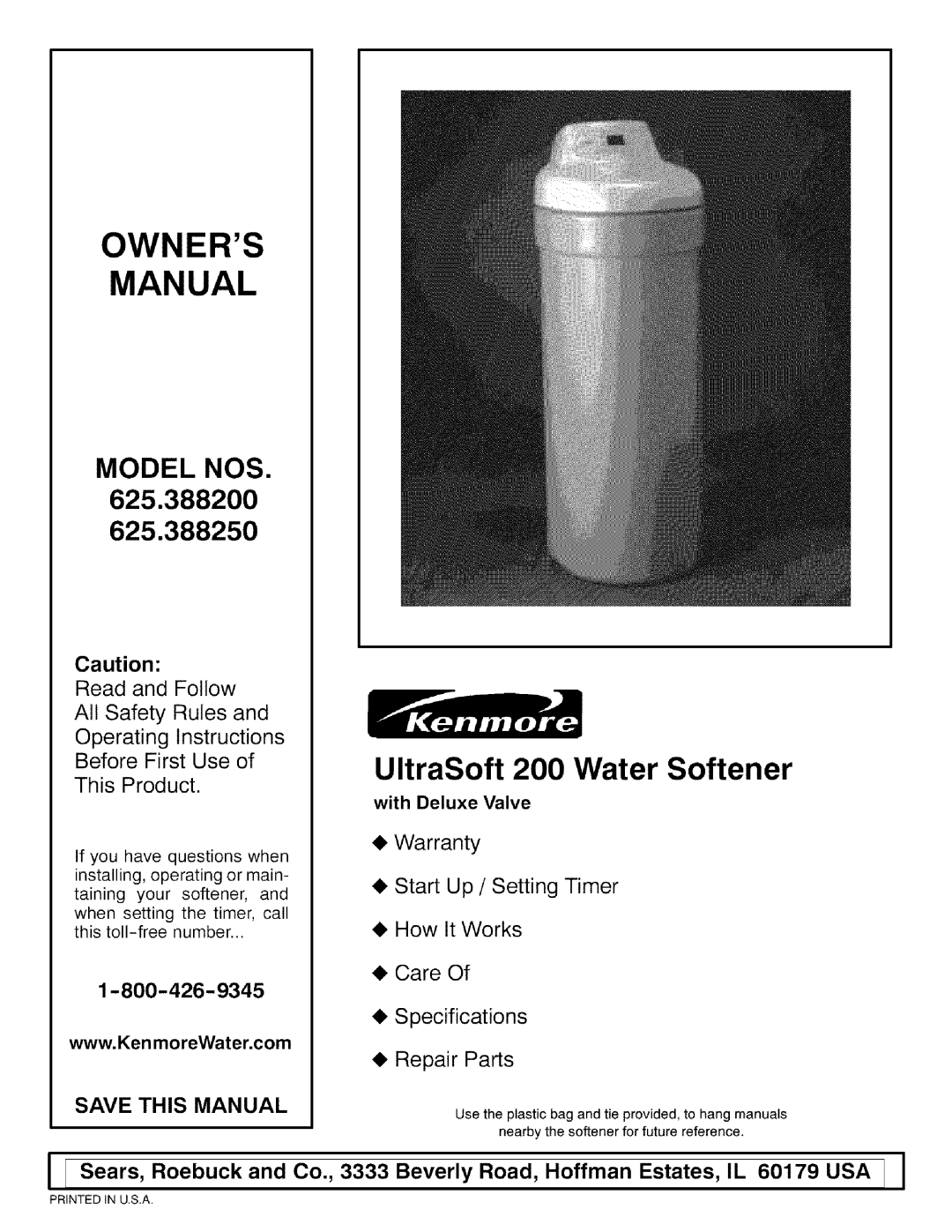 Kenmore 625.38825 owner manual UltraSoft 200 Water Softener 