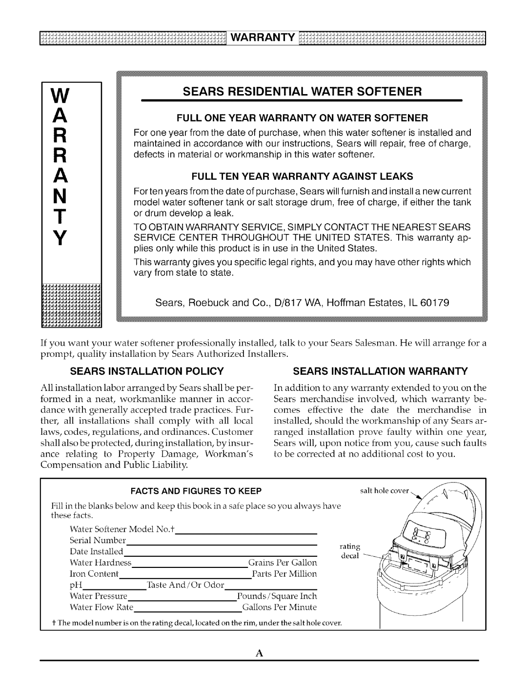 Kenmore 625.38825 owner manual Sears Residential Water Softener, Full ONE Year Warranty on Water Softener 