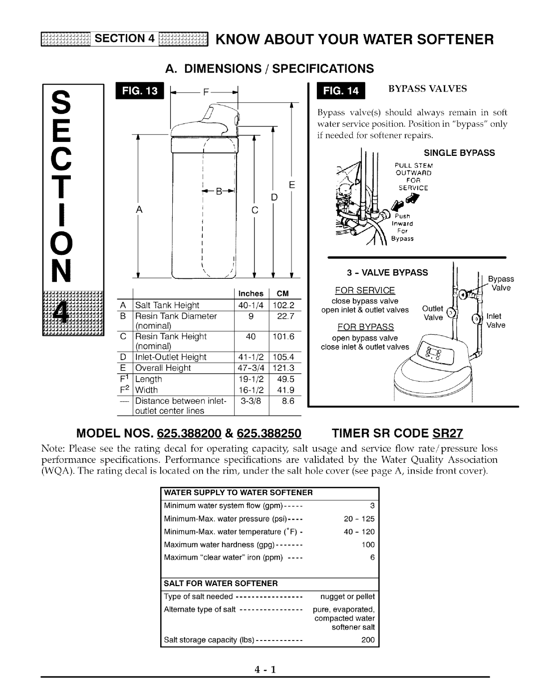 Kenmore 625.38825 owner manual Timer SR Code SR27, Bypass Valves 